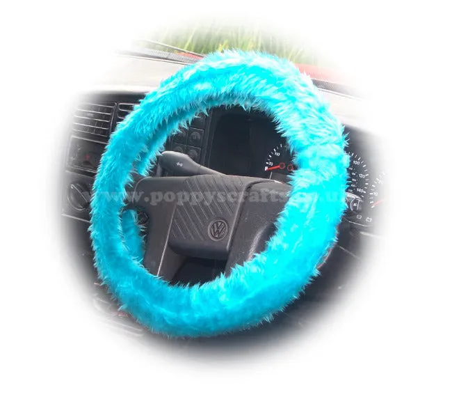 Teal Turquoise fuzzy faux fur car steering wheel cover