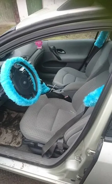 Teal Turquoise fuzzy faux fur car steering wheel cover