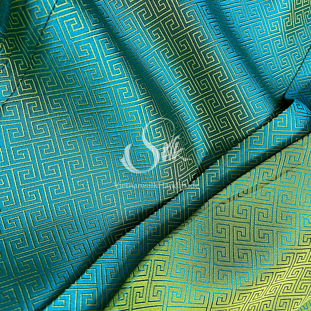 Turquoise Green Silk with Plaid pattern - PURE MULBERRY SILK fabric by the yard -Luxury Silk - Natural silk - Handmade in VietNam- Silk with Design