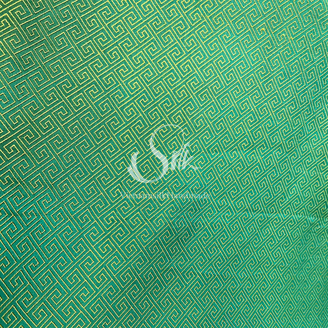 Turquoise Green Silk with Plaid pattern - PURE MULBERRY SILK fabric by the yard -Luxury Silk - Natural silk - Handmade in VietNam- Silk with Design