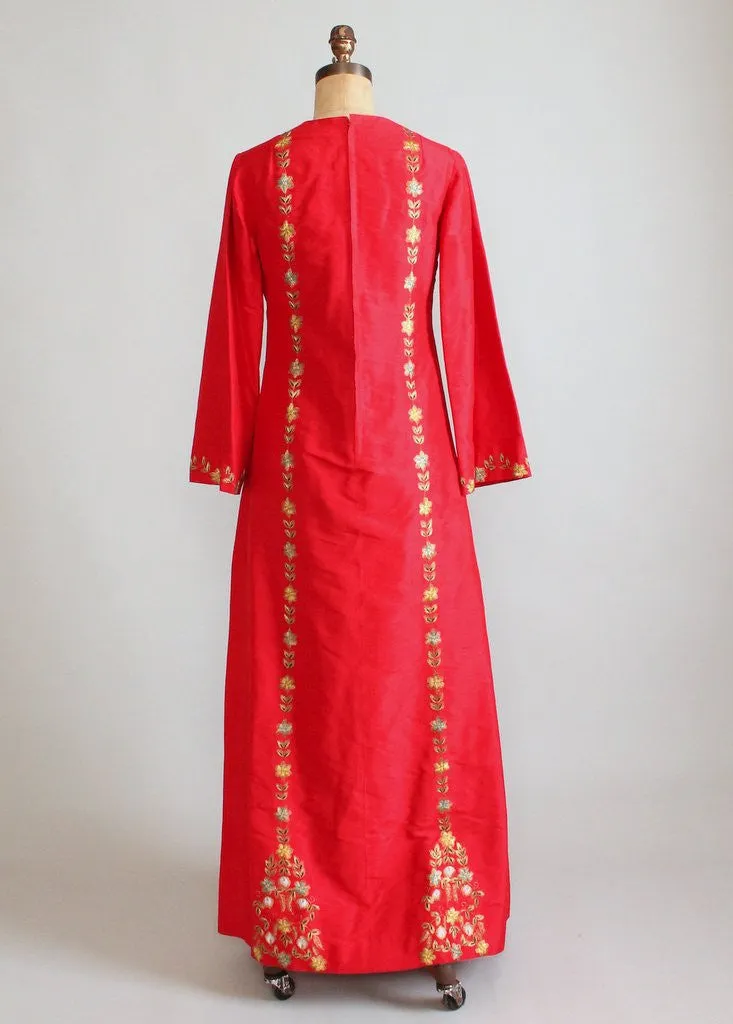 Vintage 1970s Indian Embroidered Red Silk Caftan