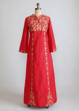 Vintage 1970s Indian Embroidered Red Silk Caftan