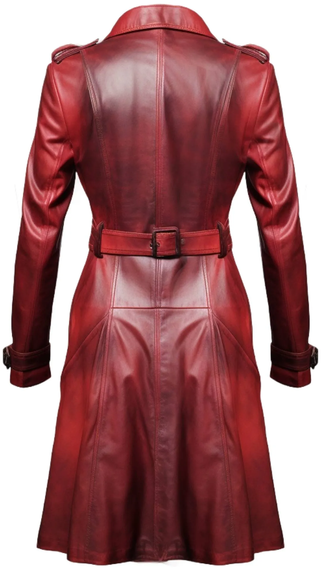 Women Red Leather Distressed Long Leather Coat - Red Distressed Long Leather Coat