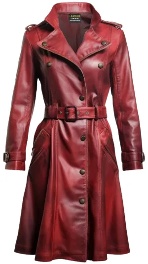 Women Red Leather Distressed Long Leather Coat - Red Distressed Long Leather Coat