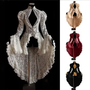 Women Vintage Lace Victorian Dress Long Flare Sleeve Gothic Long Tail Pleated Hollow Out Dresses Halloween Retro Dress Cosplay