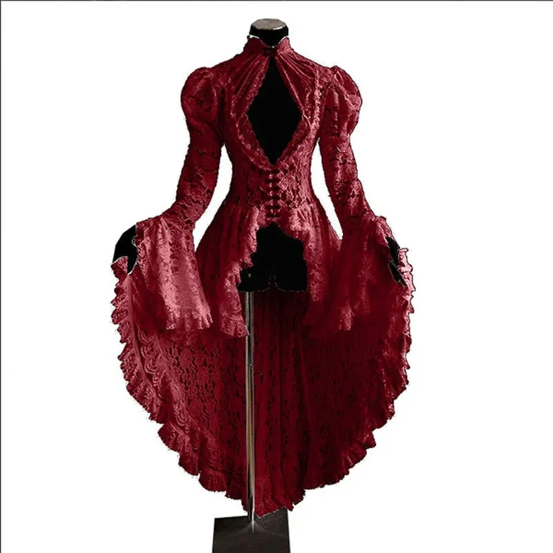 Women Vintage Lace Victorian Dress Long Flare Sleeve Gothic Long Tail Pleated Hollow Out Dresses Halloween Retro Dress Cosplay