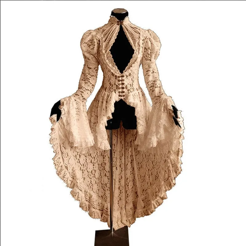 Women Vintage Lace Victorian Dress Long Flare Sleeve Gothic Long Tail Pleated Hollow Out Dresses Halloween Retro Dress Cosplay