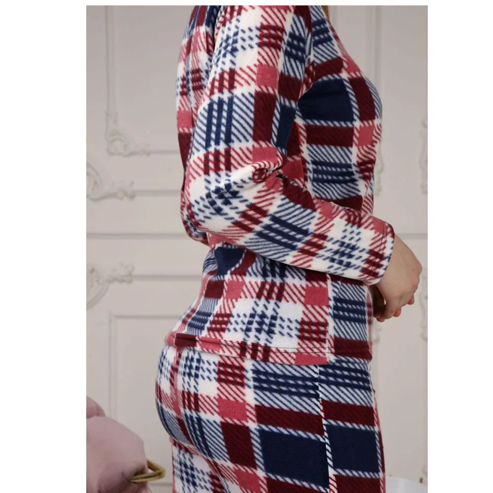 Women's Square Printed Fleece Claret Pajamas Set