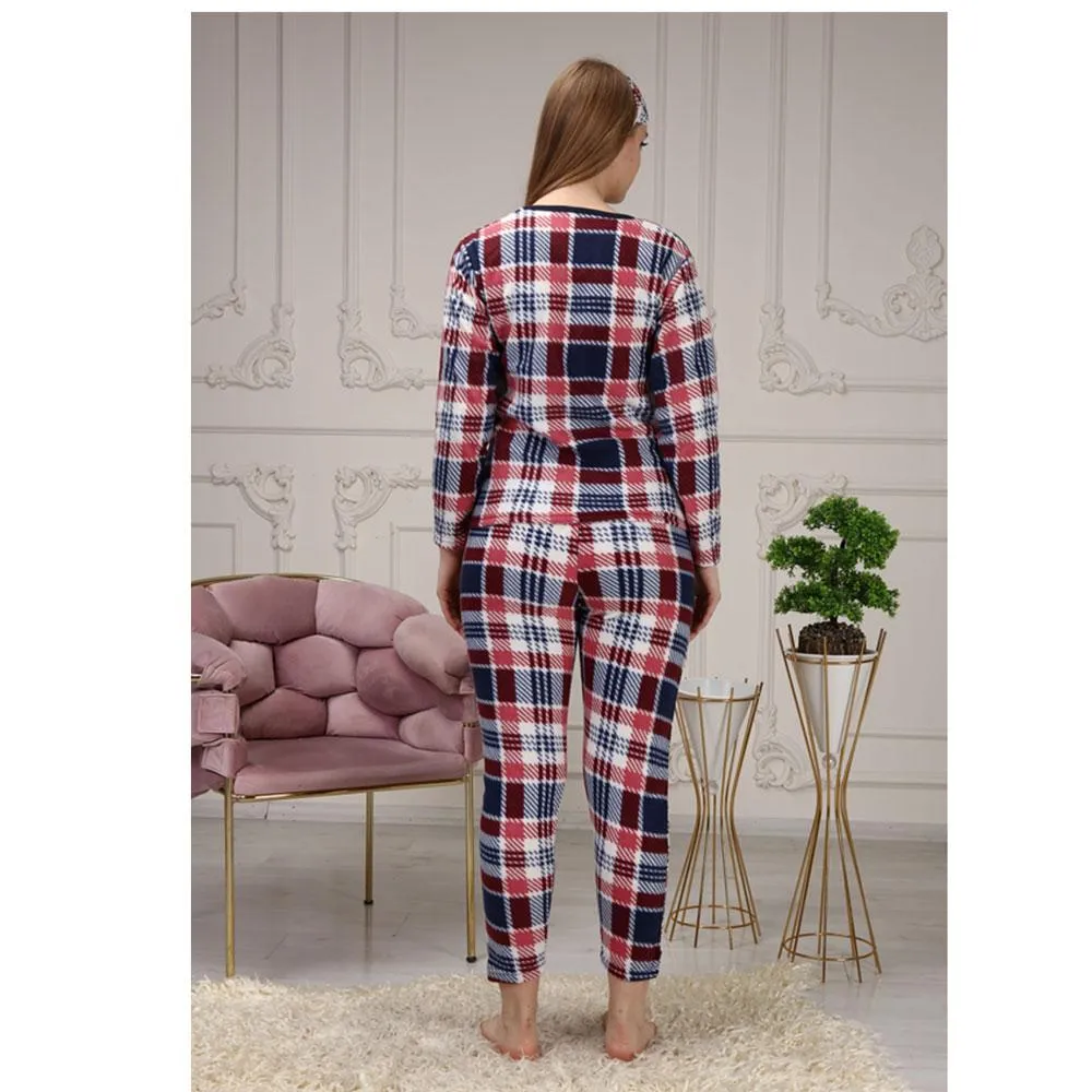 Women's Square Printed Fleece Claret Pajamas Set