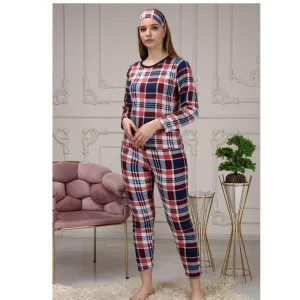 Women's Square Printed Fleece Claret Pajamas Set