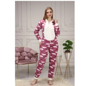 Women's Zippered Hooded Fleece Overalls Pajamas Set