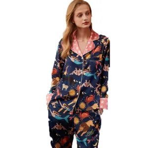 Zodiac Print Simulated Silk Pajama Set